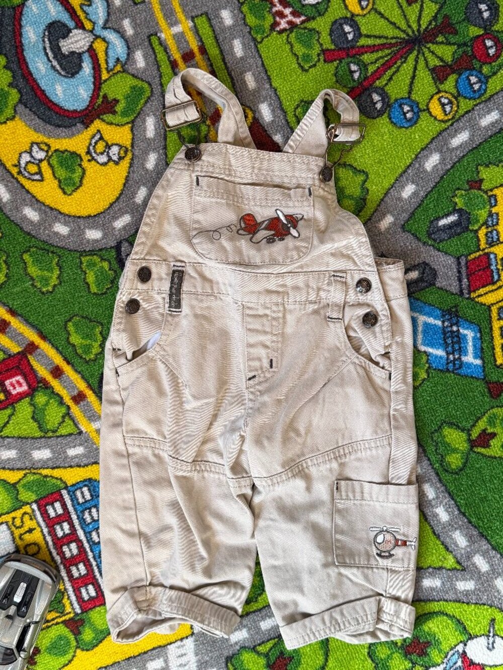 Vintage Kru Little Airplane Embroidered Beige Overalls, Size 6-9 Month Cotton